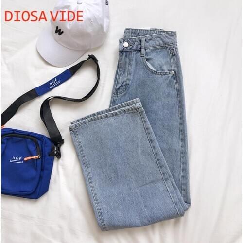 All-match summer washed retro distressed light blue High waist slimming wild loose denim wide-leg pants