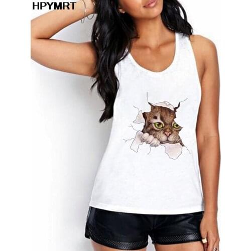 Summer New Tee Women Kawaii Cat Print Sleeveless Casual Loose White T-Shirt For Girls Students Lady O-neck Tank Tops Female Top