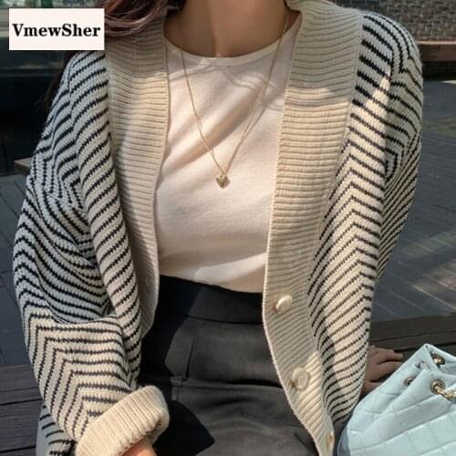 VmewSher Womens Knitwear Autumn Winter Striped V-Neck Cardigans Buttons Oversize Korean Style Lady Sweaters Vintage Tops