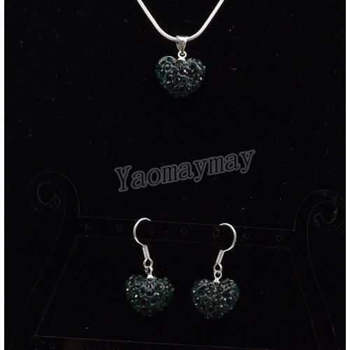 Fashion Jewelry Set Dark Green Heart Pendant Crystal Earrings And Necklace 5 Sets Wholesale Free Shipping