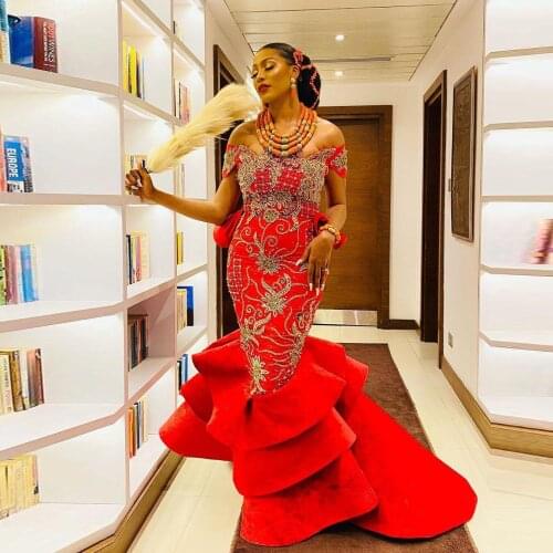Aso Ebi Red Prom Dresses Ruffles Crystals Beads Tiered Mermaid Evening Dress Off the Shoulder Celebrity African Party Vestidos