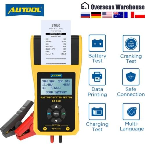 AUTOOL BT660 Car Battery Tester 12V Battery Analyzer Tool Automotive Battery Vehicle Repair Garage Tool With Thermal Printer