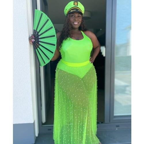 BKLD Summer Clothes For Women Mesh See-through Sexy Summer 2 Two Piece Set Sleeveless Bodysuit Tops And Pearl Beading Long Skirt