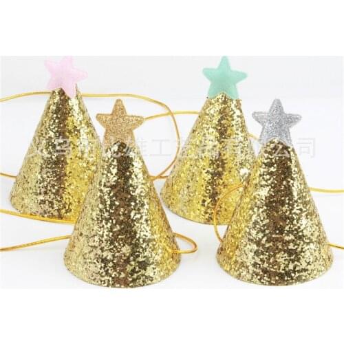 Golden Party Star Pompom Cone Paper Hat For Baby Children Kids Birthday Christmas Gift