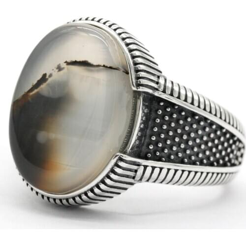 Big Agate Men Ring Real Sterling Silver 925 Oval Natural Stone Vintage Elegant Male Rings Turkey Thai Silver Fine Jewelry Gift