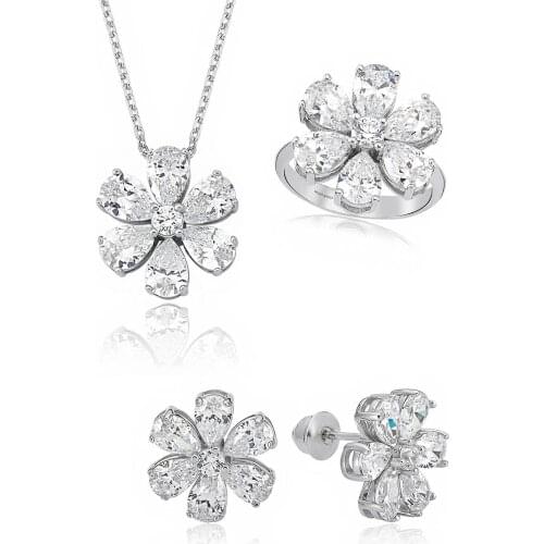 Valori Jewels Forget Me Not Set , 12 Ct Zircon White Pear Gemstone , Rhodium Plated ,925 Silver, Fine Jewelry