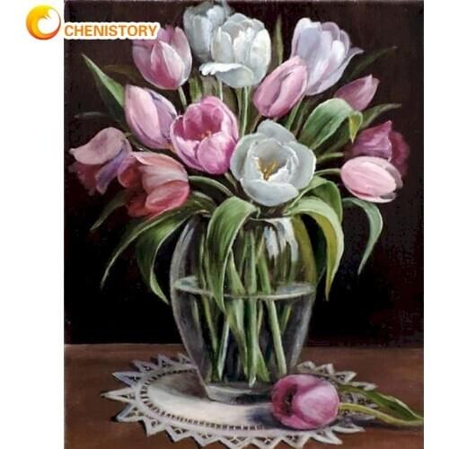 CHENISTORY Painting By Numbers For Adults White Pink Flower Oil Picture By Number Handmade 40x50cm Framed Canvas Home Decors