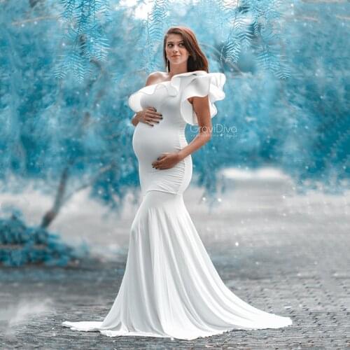 Body-con Ruffles Maternity Photography Long Dresses Stretchy Cotton Baby Shower Dress Pregnant Woman Jersey Long Dress