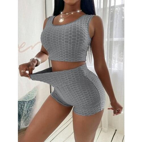 Elastic Yoga Sets 2021 Women Sleeveless Sexy 2Pc Set Elegant Female Crop Top Sexy Mini Shorts Lady Home Sport Suit G2615