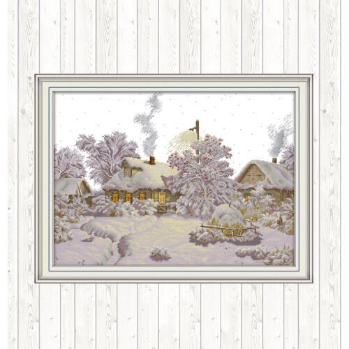 Winter Village 14ct 11ct Printed Canvas DIY Handmade Needlework Cross Stitch Kit DMC Floss Crafts Wall Home Decor Embroidery Kit