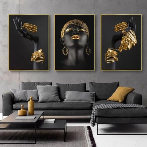 African woman wall art painting art posters and prints big black woman holding gold jewelry canvas picture home decoration
