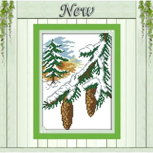 Winter cedar snow scenery crafts paintings counted print on fabric DMC 14CT 11CT Cross Stitch Needlework kits Embroidering Sets