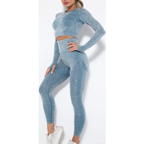 Seamless Two Piece Yoga Set Women Long Sleeve Crop Top Sport Leggings Tracksuit Fitness Gym Suits Training Set Women