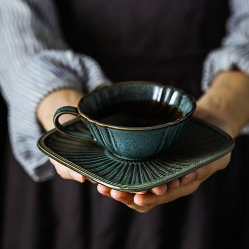 LingAo Creative retro set coffee cup dinner plate square plate pasta dish salad bowl soup bowl matte kiln bead point tableware