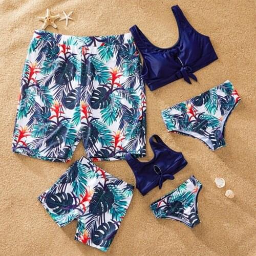 Clothes Father Son Swimming Shorts Leaf Family Matching Swimsuits Ruffled Mother Daughter Swimwear Mommy and Me Bikini Dresses