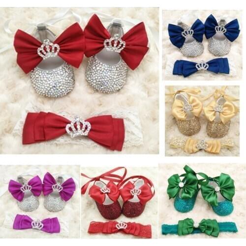 Customized Baby girl bow shoes headband gift set satin bling crystal crown charm princess baptism shoes ruby ribbon BB24