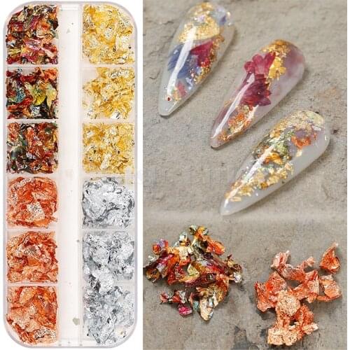 1 Box 12 Grids Colorful Rose Gold Silver Leaf Flakes Confetti Foil Paper Stripes Powder Nail Art Decoration DIY Party Supplies