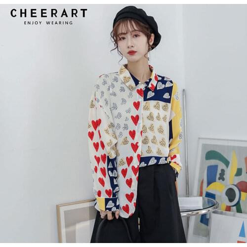 CHEERART Color Block Shirt Long Sleeve Button Up Collared Shirt Heart Print Patchwork Korean Blouse Ladies Top Spring 2021