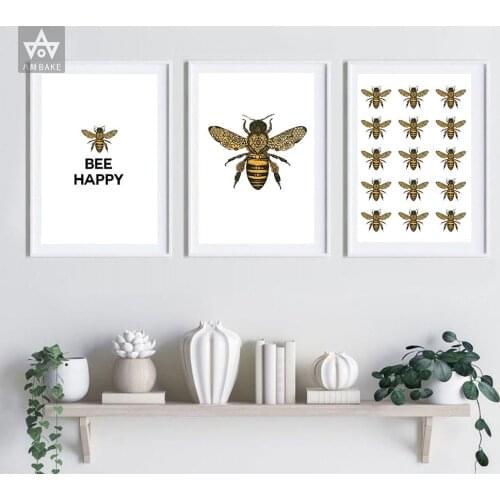 Bee Happy Poster Prints Farmhouse Wall Art Picture Decor Golden Insect Retro Art Canvas Painting Rural Picture Home Decoration