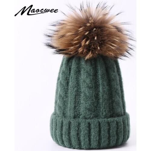 Real Fur Pompon Hat Winter Knitted Wool Warm Beanies For Children And Women Solid Color Skullies Beanies Parent-child Bonnet Hat