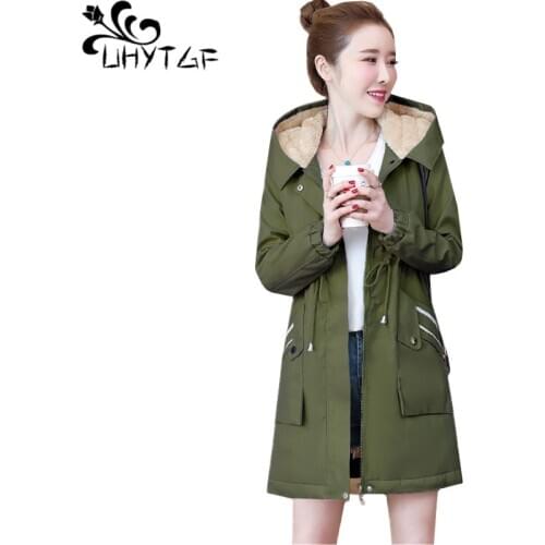UHYTGF Genuine parkas mujer 2019 Plus Velvet thicken warm woman winter coats and jackets Hooded Slim Plus Size cotton coat 1117