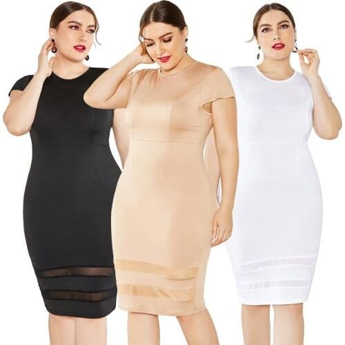 Women Office Dresses Summer Plus Size XL-5XL O-neck Mesh Stitching Casual Soild Bodycon Dresses Large Size Knee-length Dresses