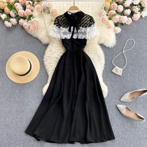 French Elegant Lace Patchwork Chiffon Dress High-End Vintage Women Black Turn-Down Collar Summer Office Work Party Dresses