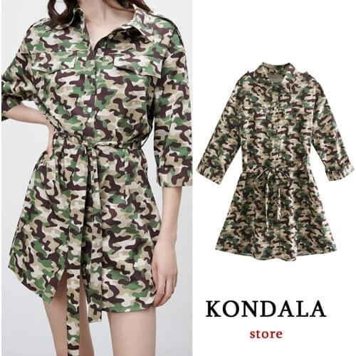KONDALA Women Camuflaje Print Vintage Dress Za Fashion 2021 Half Sleeve Sashes Turn Down Collar Mini Dress Streetwear Vestidos