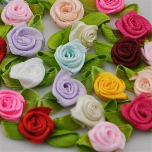 100pcs Mix Satin Ribbon Flower Rose sewing wedding appliques E63
