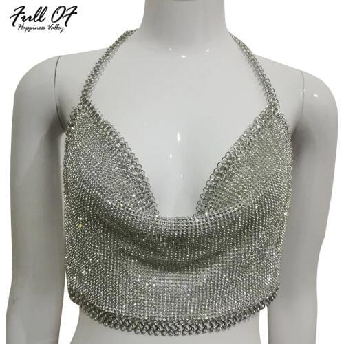 2021 Sexy Metal Crystal Diamond Crop Top Beach Fitness Women Summer Halter Tops Sequin Tank Top Bralette Cropped Feminino Camis