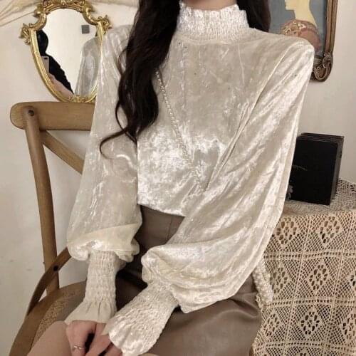 Women Spring Retro Palace Style Pleated Puff-sleeve Sequined Blouse French Temperament Tops Turtleneck Shirts Stylish