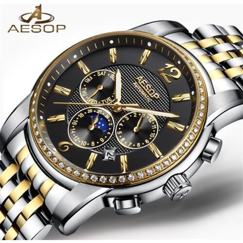 AESOP Luxury Brand Luminous Military Watch Men Moon phase Automatic Mechanical Watches Full Steel Waterproof Clock relojes