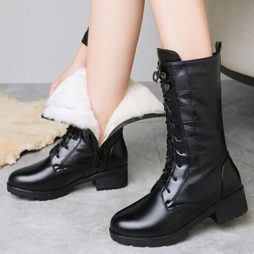 DM745 Winter thick wool women boots Genuine Leathe plus size 43 platform boots thick heel women lace-up Warm Woman Botas Mujer