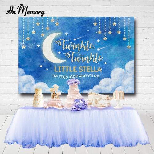 InMemory Boys Baby Shower Newborn Baptism Backdrops For Photo Studio Blue Gold Glitter Little Stars Moon Kids Birthday Banner