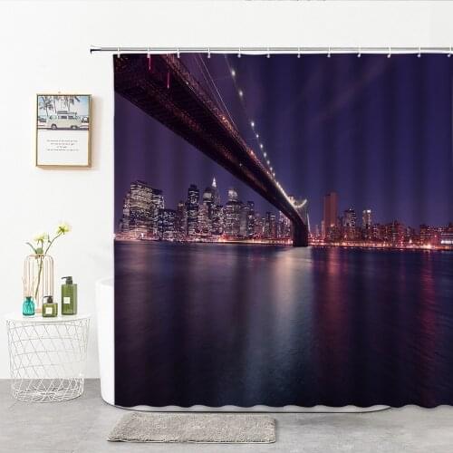 Brooklyn Bridge Shower Curtain Set Manhattan City Night View Bath Mat Sets Bathroom Curtains Carpet Rugs Toilet Cover Lid Mats