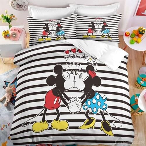 Black and White Stripes Bedding Set Disney Mickey & Minnie Mouse 3D Print Duvet Cover Set Quilt Cover with Pillowcase Bedclothes