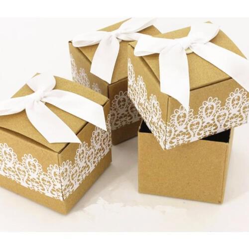 Sweet lovely Decoration Candy box paper boxes Gift box Rustic & Lace Kraft Favor Box With Ribbon Wedding and Party 50pcs