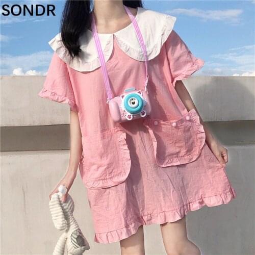 Kawaii Soft Girl Dress Women 2021 Summer Student Sweet Pink Dresses Vestidos Doll Collar Ruffle Pocket Short Sleeve Mini Dress