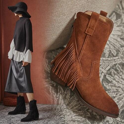 Fashion Women Fall Winter Shoes Ladies Leather Ankle Boots Round Toes Chunky Heels Zipper Western Suede Boots Black Brown 34-42