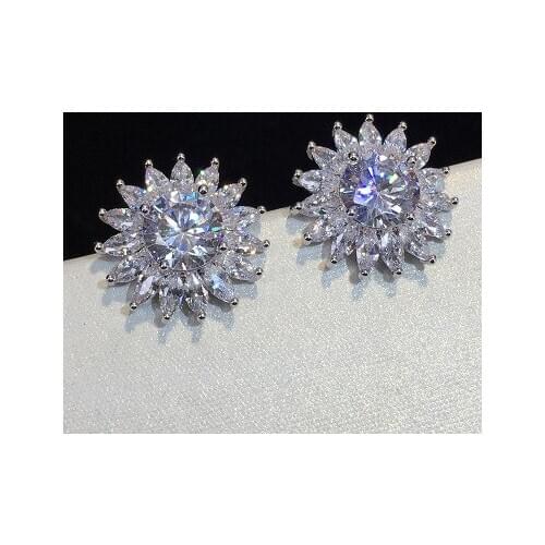 Fashion 925 Silver AAA Zircon Womens Earrings Silver Round Sun Flower Design Crystal Earrings Jewelry Womens Party Gift