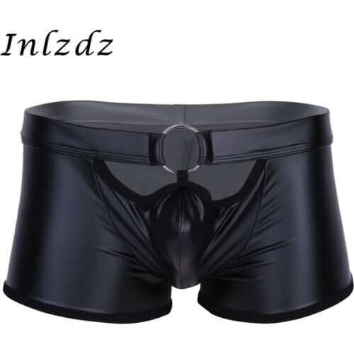 Mens Erotic Lingerie Latex Sex Underwear Faux Leather O-ring Boxer Briefs Shorts Gay Underpants with O-Ring Hot Sexy Panties