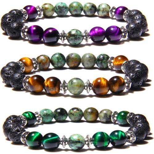 Men Bracelet Natural Tiger Eye Stone Beads Bracelet Vintage Lava Volcanic Stone Beaded Charm Bracelet Jewelry for Women Men