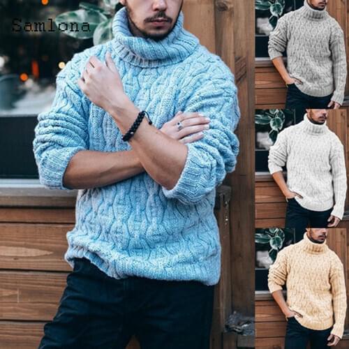 Turtleneck Mens Knitting Sweater Autumn New Casual Long Sleeve Criss-cross Sweaters Pullovers Blue Male Winter Warm Clothes 2020