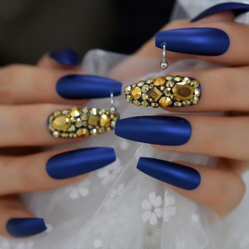 Long Royalblue Rhinestone Coffin Fake Nails Matte Glold Decoration Nail Art 3D Gorgeous 24 Press On Nails