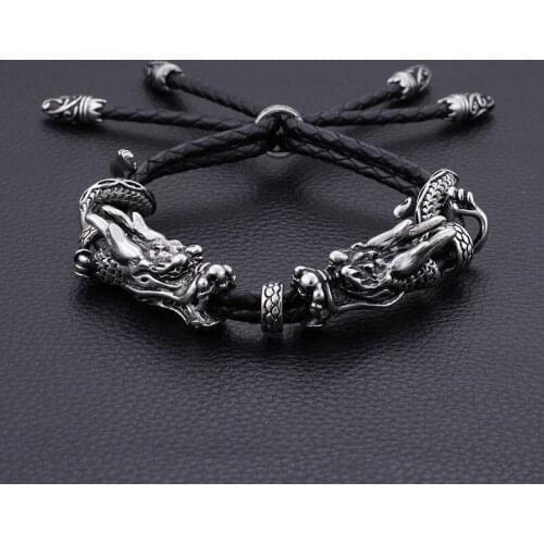 New Double Layer Wrap Leather Adjustable Bracelet Men Stainless Steel Animal Dragon Heads Charm Bracelet Rock Jewelry