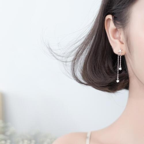Very THIN Authentic Real 100% 925 Sterling Silver fine Jewelry STARS Tassel Earrings LONG gtle2457