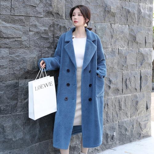 2020 New Grain Cashmere Coat Female Long Section Double Breasted Full Sleeve Loose Compound Lamb Fur Fur Grass Coat Tide S-XL