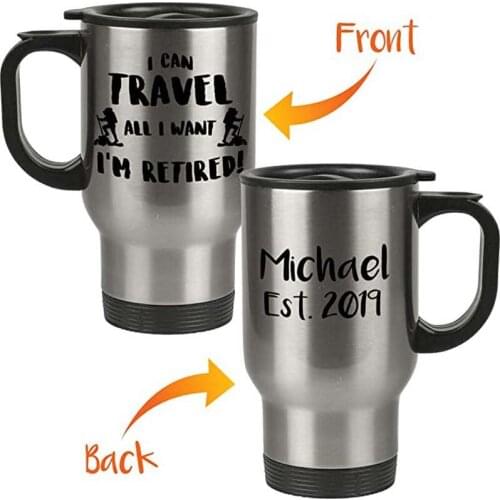 Personalized Custom Name I'm Retired Travel Mug - Retirement Gifts for Men and Women - 14oz Insulated Mug with Lid