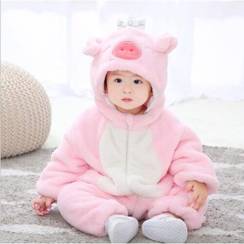 Baby Pink Pig Thick Kigurumi Pajamas Clothing Newborn Infant Rompers Onesie Animal Costume Outfit Hooded Winter Loosen Jumpsuit