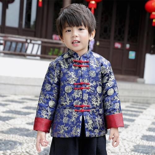 Tang Cheongsam C Long Sleeve Loose Coat Blue New Year Costumes For Kids Boy Chinese Qipao Children Chinese Style Winter Coat
